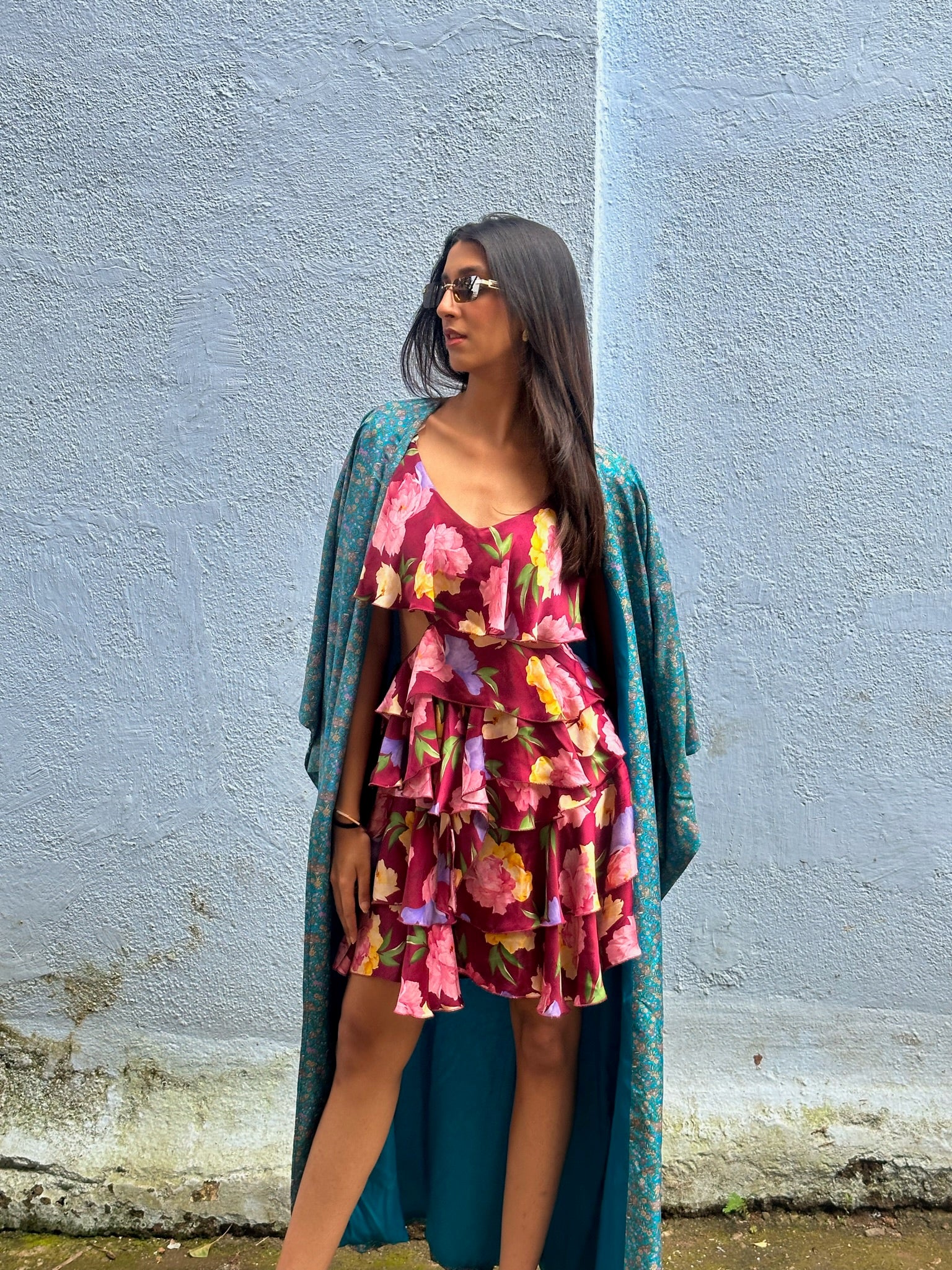 Floral Printed Turquoise Kimono